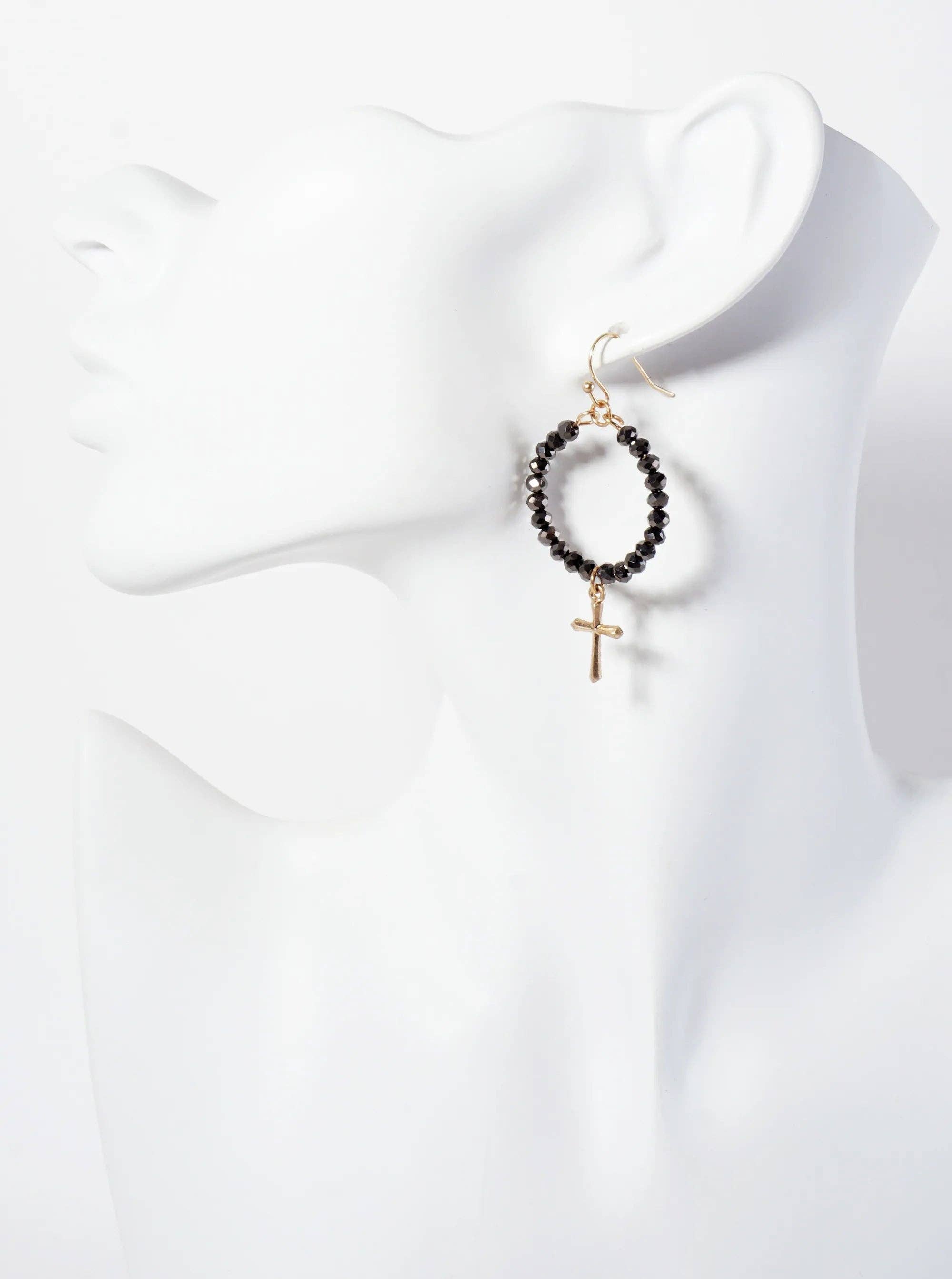 3PC-Set Semi-Precious Natural-Stone & Glass-Bead Cross Design Dangle Stud Earrings