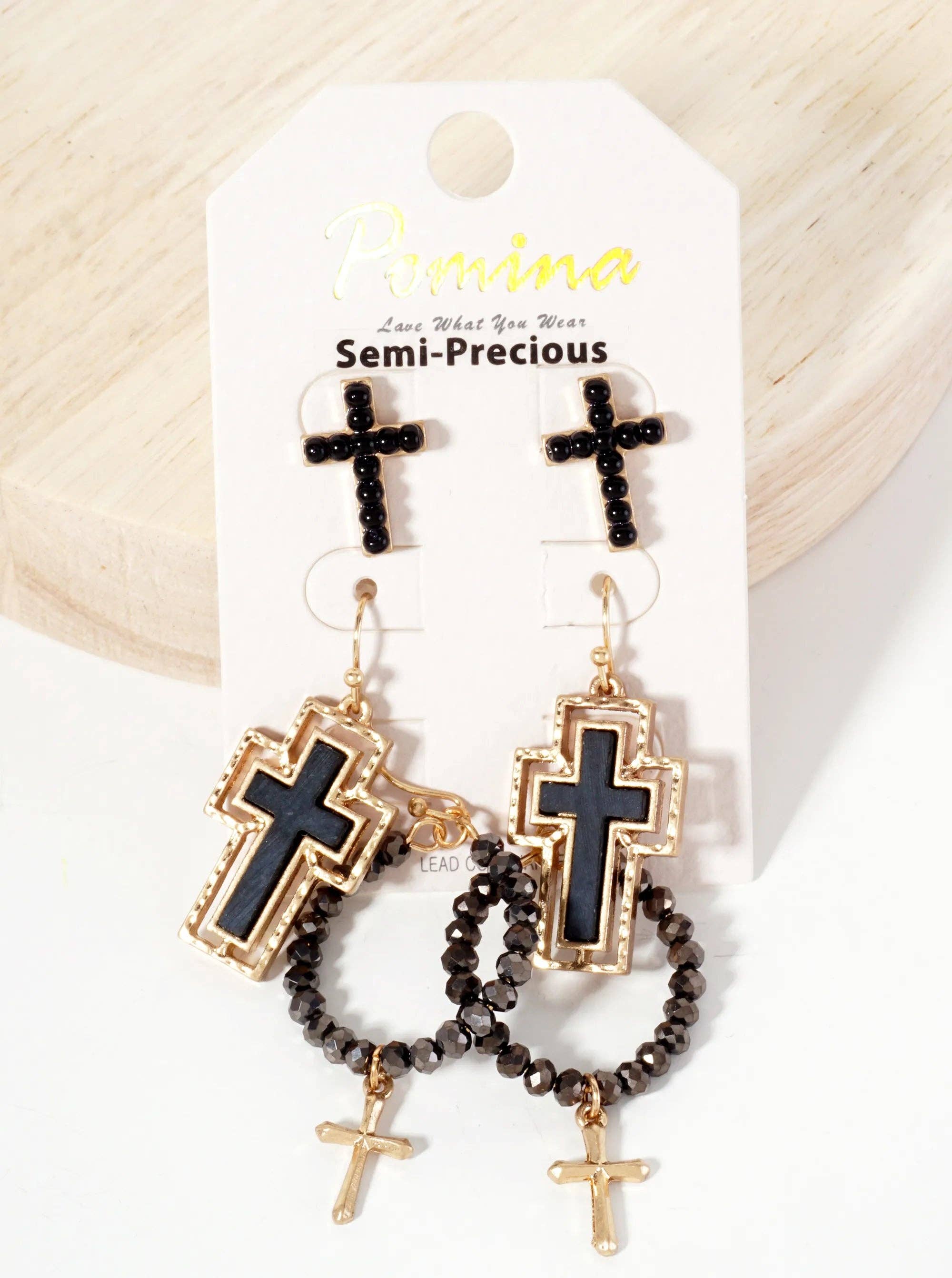 3PC-Set Semi-Precious Natural-Stone & Glass-Bead Cross Design Dangle Stud Earrings