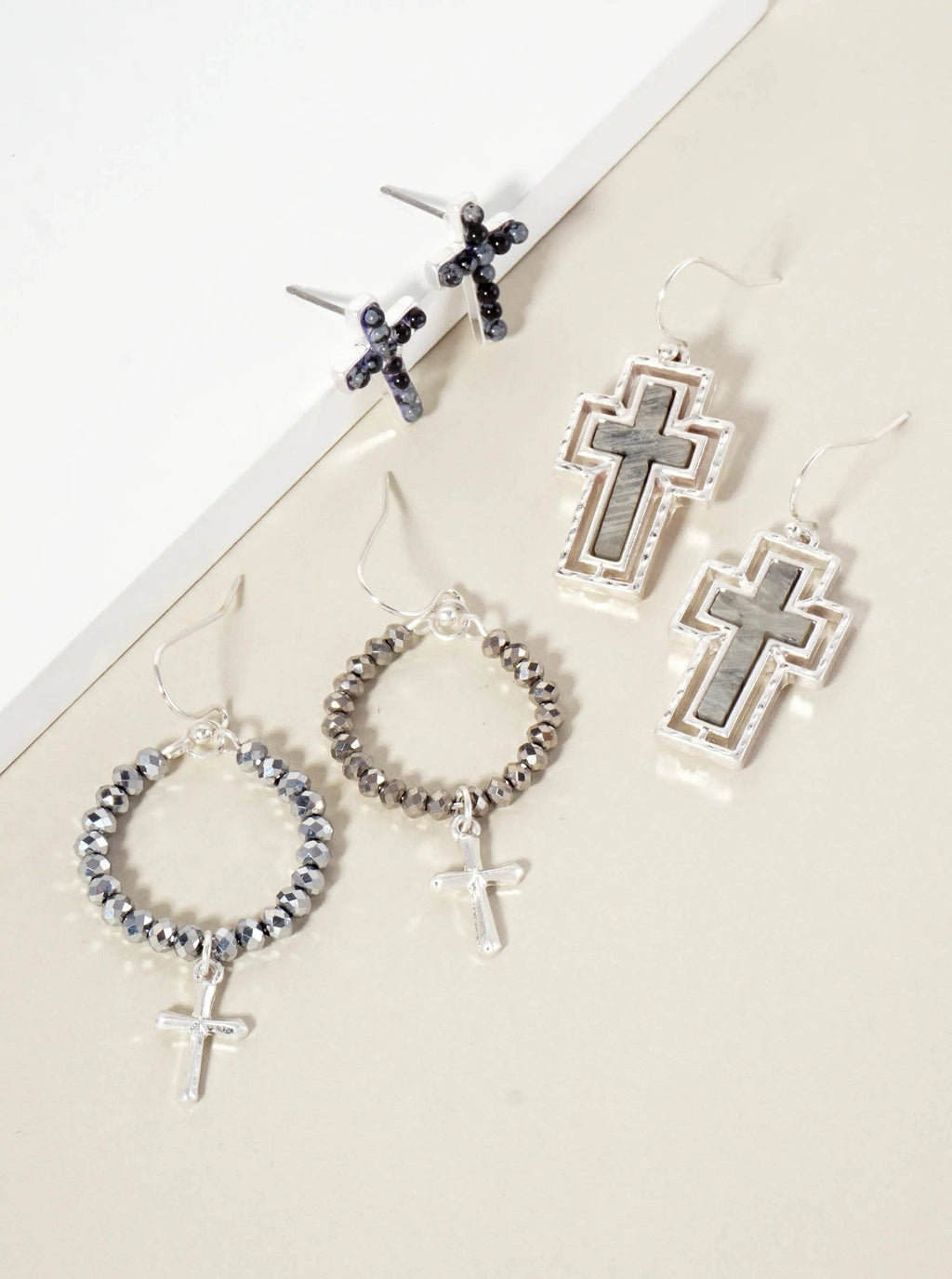 3PC-Set Semi-Precious Natural-Stone & Glass-Bead Cross Design Dangle Stud Earrings