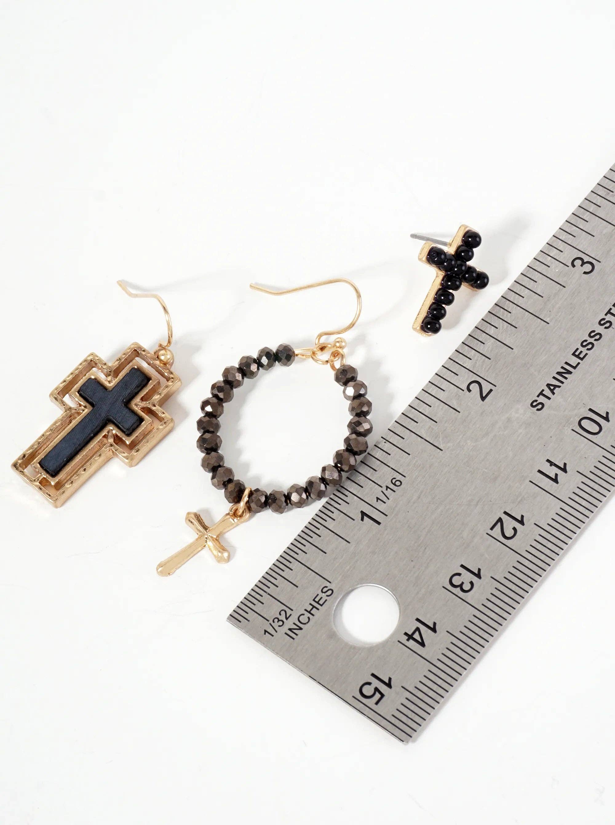 3PC-Set Semi-Precious Natural-Stone & Glass-Bead Cross Design Dangle Stud Earrings