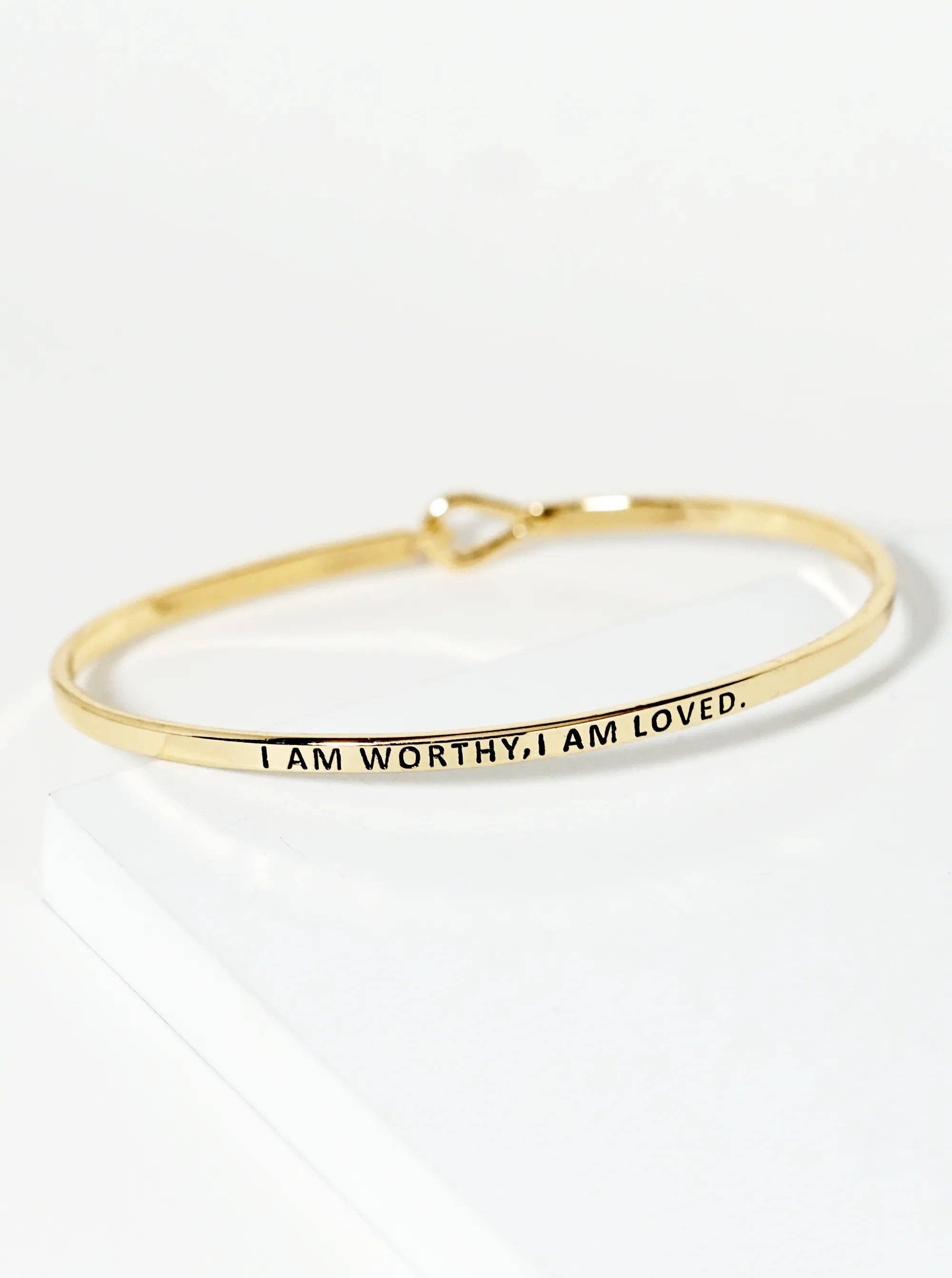 Engraved Inspirational Bangle Bracelet "I Am Worthy, Loved