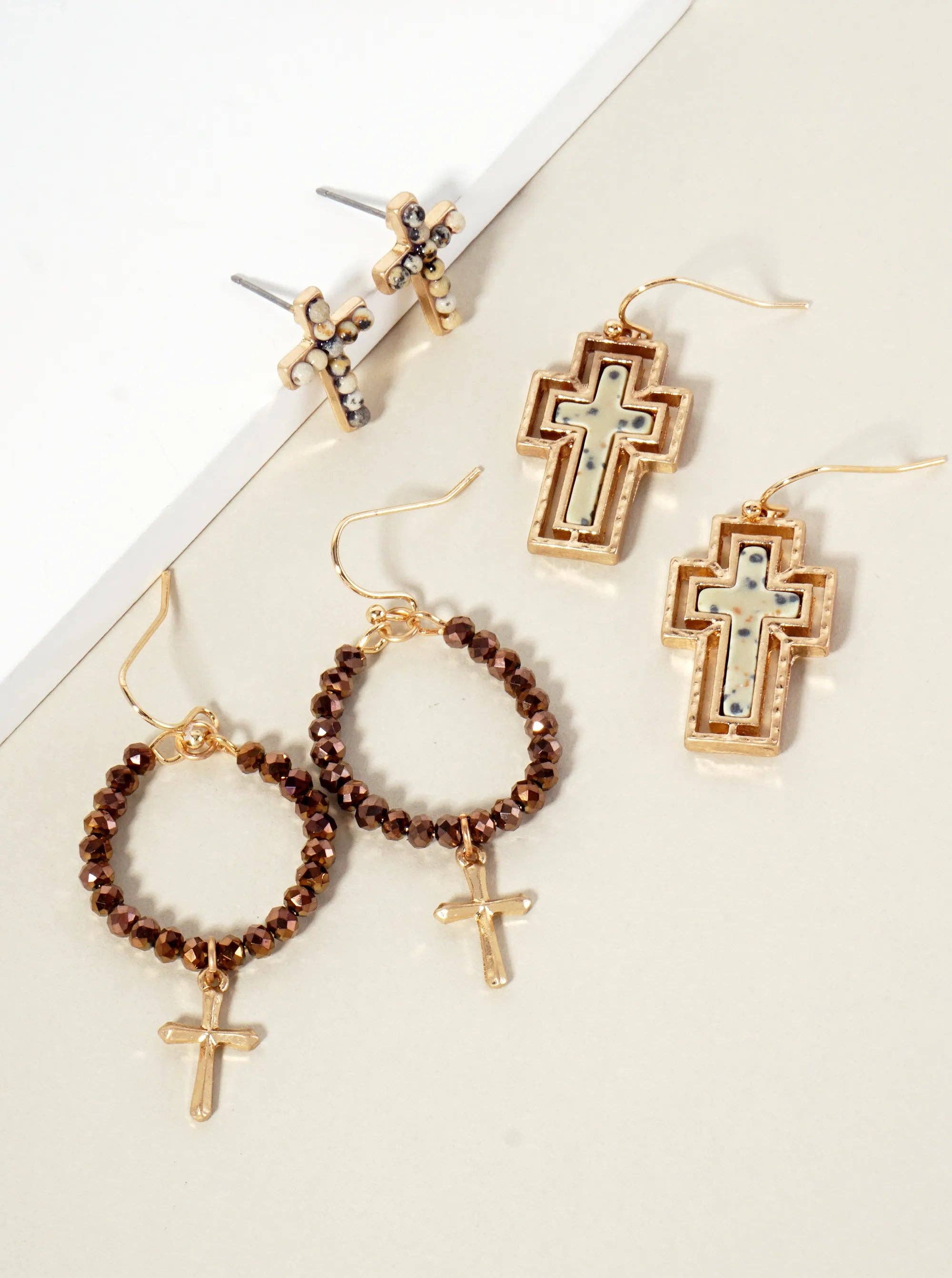 3PC-Set Semi-Precious Natural-Stone & Glass-Bead Cross Design Dangle Stud Earrings